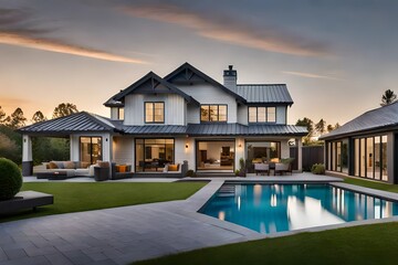 Beautiful modern farmhouse style luxury home exterior at twilight. Generative AI - obrazy, fototapety, plakaty