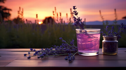 A soothing serenity with a gentle lavender cocktail, set against a calm, twilight backdrop, invoking a sense of relaxation and peace