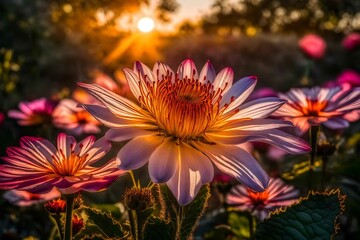 sunset over the flower field