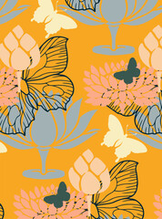 Seamless pattern with plants and butterflies on the yellow background
