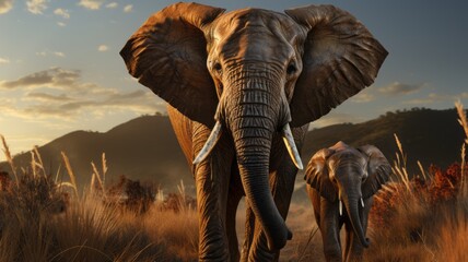 African elephant family in front of the stunning savanna sky at sunset - obrazy, fototapety, plakaty