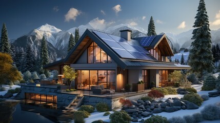 Obraz premium Maison avec panneaux voltaïques avec ciel en été, avec une végétation verdoyante.