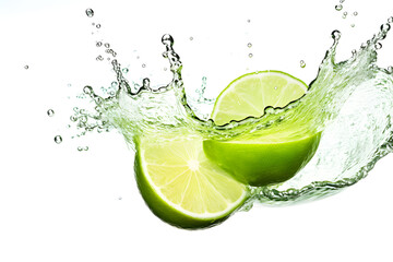 water splash with lime isolated on white background