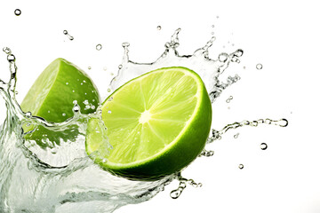 water splash with lime isolated on white background