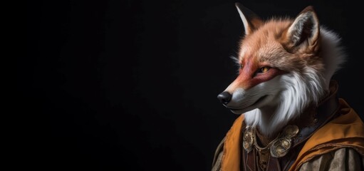 Anthropomorphic fox wearing noble orange robe banner. Vulpine wild creature in royal costume. Generate ai