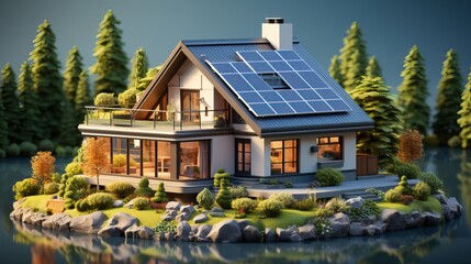 Maison avec panneaux voltaïques avec ciel en été, avec une végétation verdoyante. - obrazy, fototapety, plakaty
