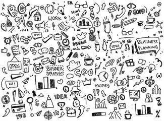 Business doodles vector hand drawn set. with flowchart, statistic and element component business.