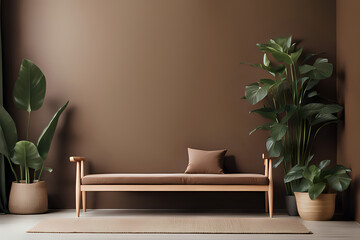 Obraz na płótnie Canvas Aesthetic composition of living room interior with copy space, wooden bench, plants and brown wall. Stylish living room for artwork frames