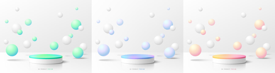 Set of 3D background white cylinder podium with bounce sphere balls in green, blue and pink color. Platforms mockup product display presentation. Abstract geometric composition in minimal design.