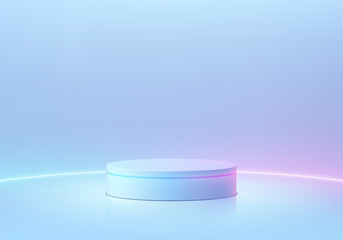 Abstract blue hologram cylinder podium pedestal background. Sci-fi abstract concept with glowing neon curve lighting line. Vector render 3d platform, Mockup product display. Futuristic minimal scene.