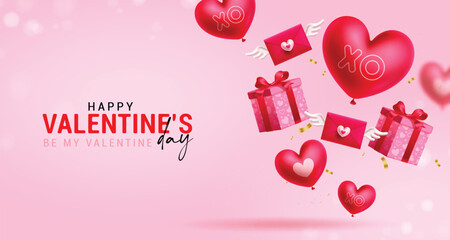 Happy valentine's day text vector background design. Valentine's day greeting card with gift boxes, heart balloons and love letter decoration elements. Vector illustration hearts day invitation 