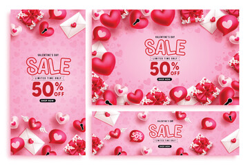 Valentine's sale text vector banner set design. Happy valentine's day promo discount offer with hearts balloons elements lay out collection. Vector illustration shopping promotion collection.
