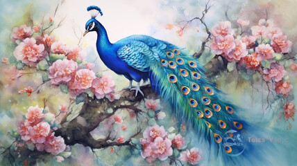 Watercolor Painting of Peacock on Flower. generative ai