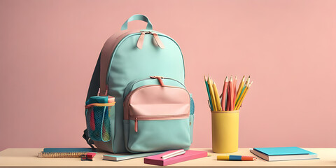Back to school concept, Big backpack on a desk in a classroom with school accessory.