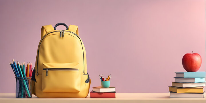 Back to school concept, Big backpack on a desk in a classroom with school accessory.