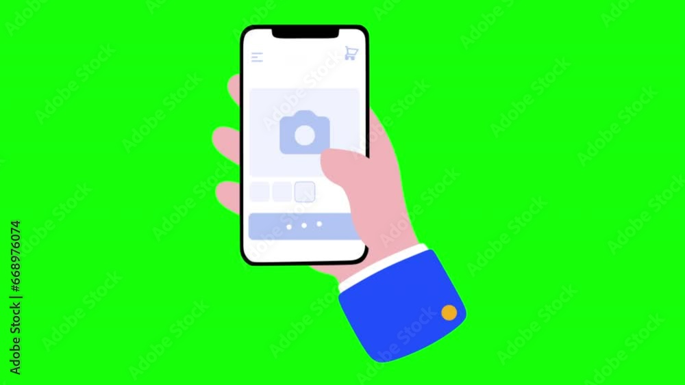 Poster 2d animation of viewing products on smartphone screen isolated on green screen background