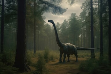Brachiosaurus walking in pines forest. Ancient reptile animal in misty wild natural Jurassic park. Generate ai