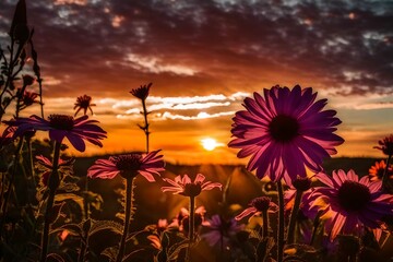 sunset over the flower field