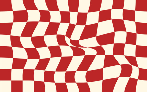 Red and white distorted checkered pattern background. Wavy red and white squares vector illustration.