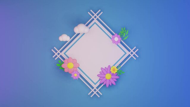 3D blue background spring sale minimalist white board with floral, suitable for product promotion social media frame, 3D illustration animation loop.