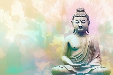 Buddha statue on abstract colorful background. Religious peaceful Zen meditation sculpture. Generate ai