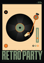 1970s vintage retro party style music poster with music vinyl. Suitable for old school music covers. Vector illustration