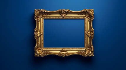 Antique frame on royal blue wall, dark lighting