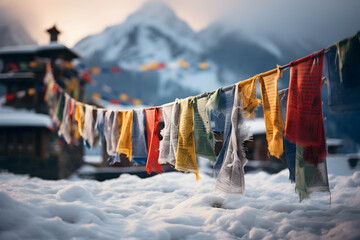 An elegant winter scene with snowfall, capturing the beauty of prayer flags in a mountainous landscape, creating a serene and ethereal atmosphere. - obrazy, fototapety, plakaty