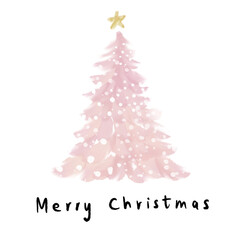 Hand drawn pink Christmas tree and snowflakes with gold star watercolor blurred brush strokes. Merry Christmas calligraphy handwritten text for card print.