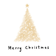 Hand drawn gold Christmas tree with snowflakes and a star watercolor blurred brush strokes. Luxury holiday card design. Hand written calligraphy Merry Christmas black ink.