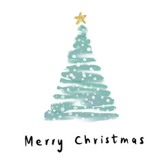 Hand drawn green abstract Christmas tree with continuous watercolor blurred brush strokes. Snowflakes and a gold star. Hand written black ink Merry Christmas. 