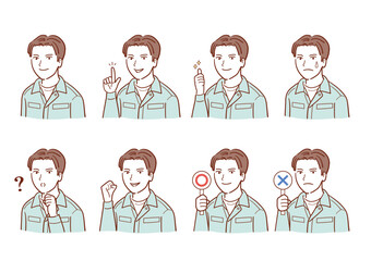 若い作業服男性のイラストセット（ヘルメットなし）