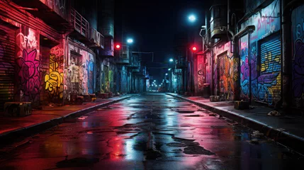 Foto op Plexiglas alley with neon light garbage and graffiti at night ©  Mohammad Xte