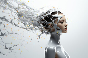 Illustration of a cyborg woman and Ai technology background with customizable space for text.