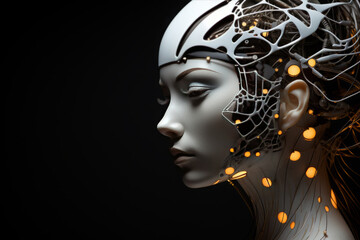 Obraz premium Illustration of a cyborg woman and Ai technology background with customizable space for text.