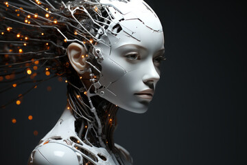 Illustration of a cyborg woman and Ai technology background.