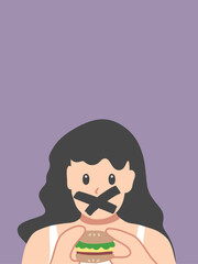 woman holding burger with tape over her mouth in an x-shaped no sign illustration vector concept of diet, food control calories, boycott with purple background
