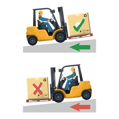 Use of forklifts on slopes. Go up and down slopes with the loaded forklift. Safety in handling a forklift truck. Security First. Accident prevention at work. Industrial Safety and Occupational Health