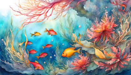 Fototapeta na wymiar Watercolor illustration of seaweed and underwater fantastic fish, beautiful jellyfish, seashells in the depths of the ocean, poster booklet, t-shirt print, creative illustration for design