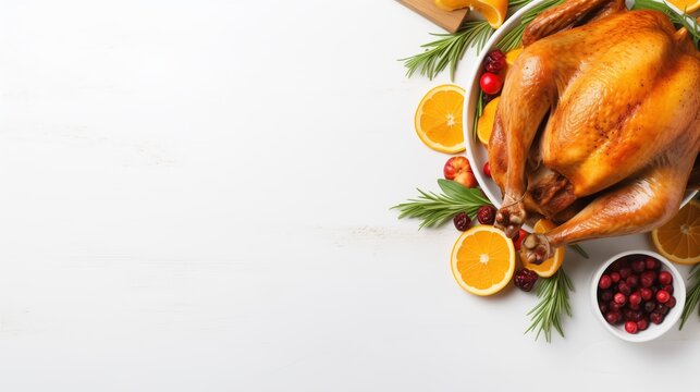 Roasted turkey or chicken with cranberry, orange and rosemary on white background. Top view with copy space