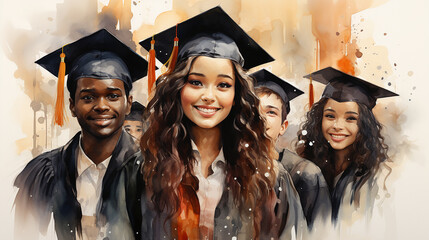 Happy smiling graduating student guy in an academic gown standing in front of other alumni