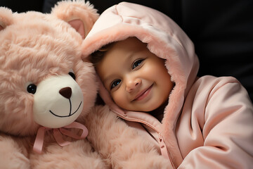 A little girl in a pink jacket hugs her pink Teddy.