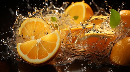 Orange, lemon juice or oil splashes, liquid yellow drink streams with drops. fruit beverage...