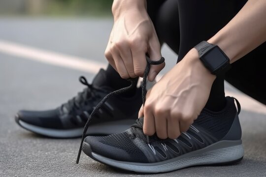 Man tying shoelaces before training outdoor. Male health workout summer nature. Generate Ai