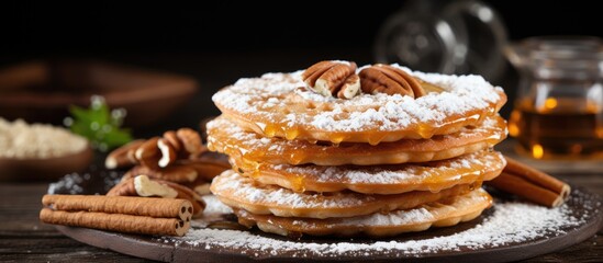 Crispy wafers topped with nuts cinnamon honey and powdered sugar © AkuAku