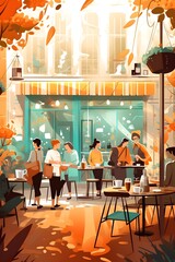people at the coffee shop vintage illustration
