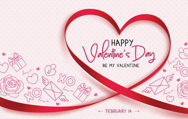 Happy valentine's day text vector design. Valentine's day be my valentine greeting card with red ribbon in heart shape decoration. Vector illustration hearts day invitation card.
