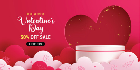Valentine's day sale text vector banner. Valentine's day podium promo discount offer with heart and paper cut clouds for greeting card design. Vector illustration hearts day invitation card.
 - obrazy, fototapety, plakaty