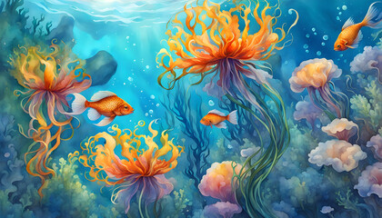 Obraz na płótnie Canvas Watercolor illustration of seaweed and underwater fantastic fish, beautiful jellyfish, seashells in the depths of the ocean.