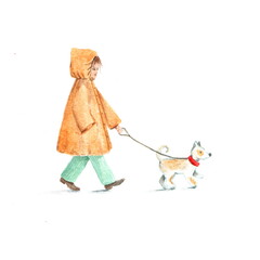 A cute girl in an orange raincoat walks with a dog in the park in autumn. Hand drawn watercolor illustration on a white background, not AI.